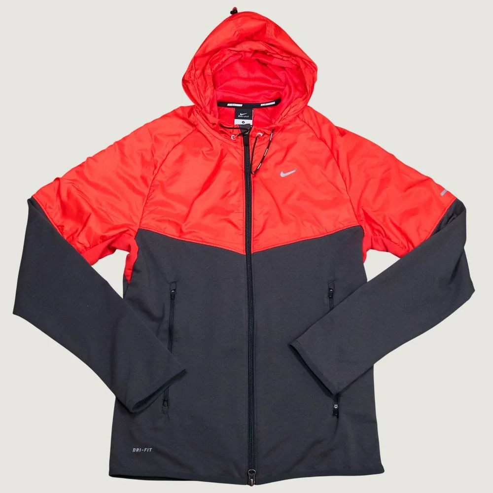 Nike Running Dri-FIT Hybrid Windbreaker Fleece Hooded Jacket Red Reflective S